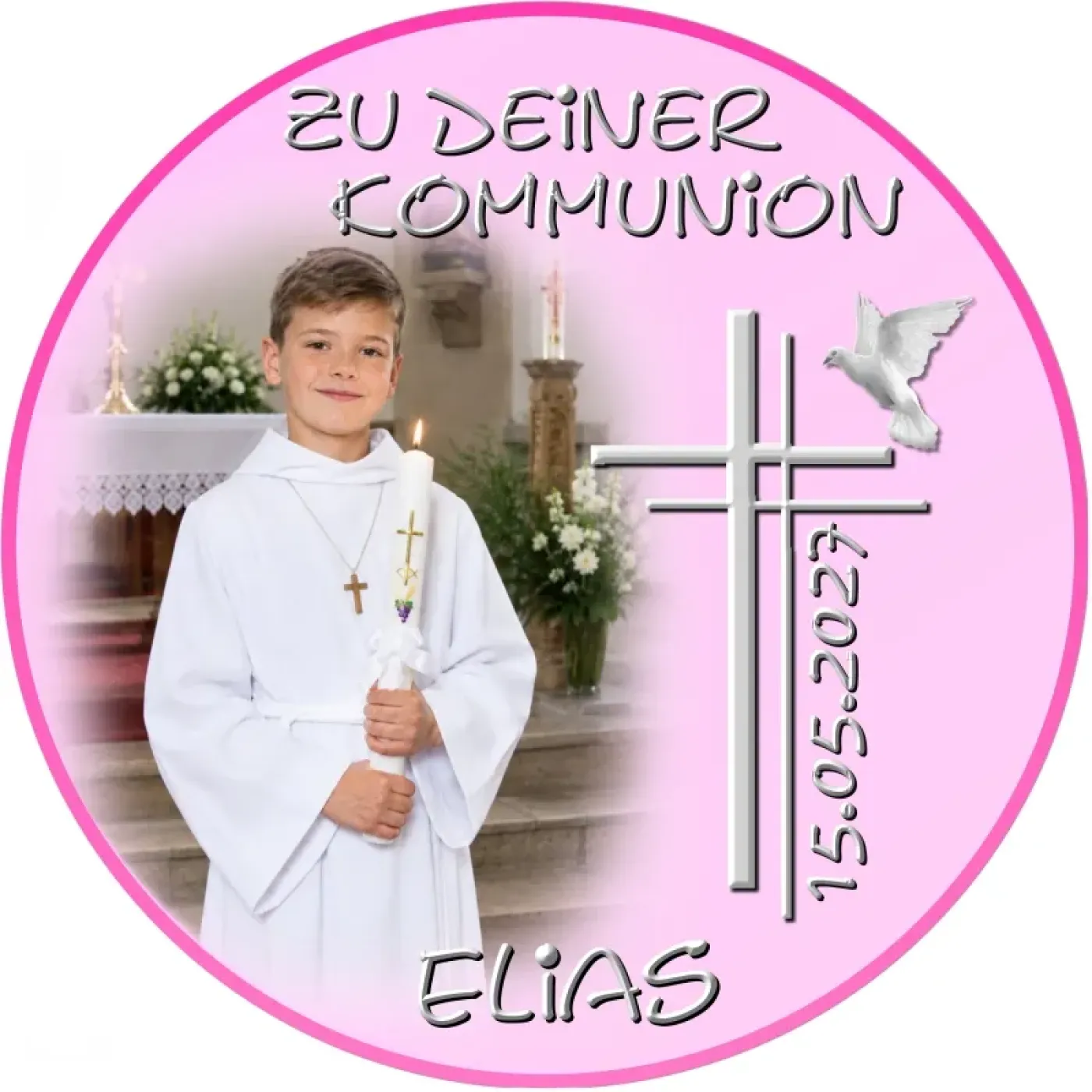 Tortenaufleger zur Kommunion & Konfirmation – Edles Doppelkreuz mit Friedenstaube