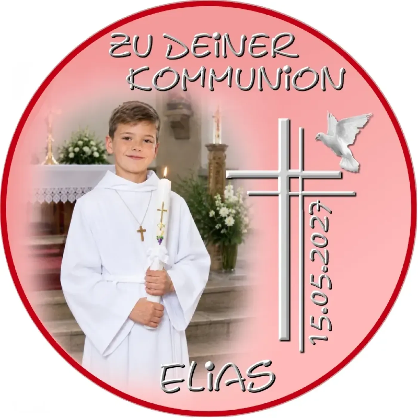 Tortenaufleger zur Kommunion & Konfirmation – Edles Doppelkreuz mit Friedenstaube