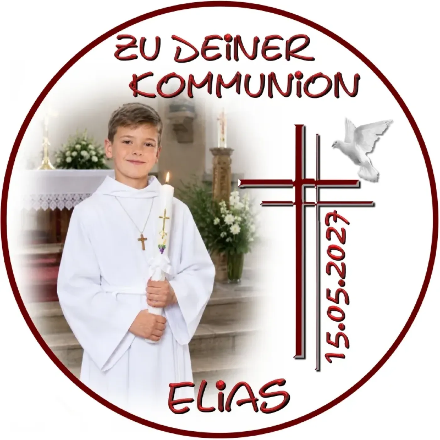 Tortenaufleger zur Kommunion & Konfirmation – Edles Doppelkreuz mit Friedenstaube