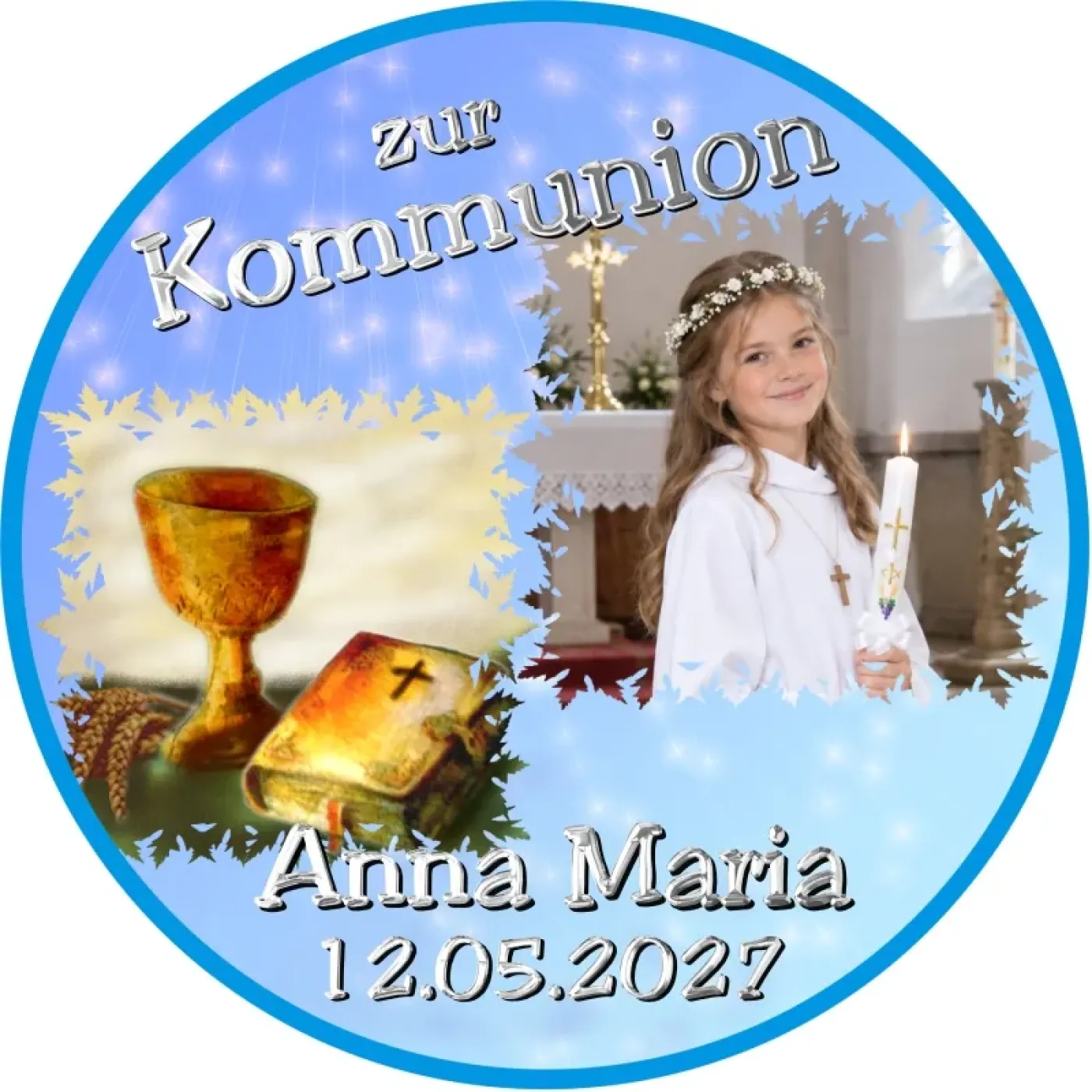 Fototortenaufleger für Kommunion, Konfirmation, Firmung und Jugendweihe mit Kelch und Bibel
