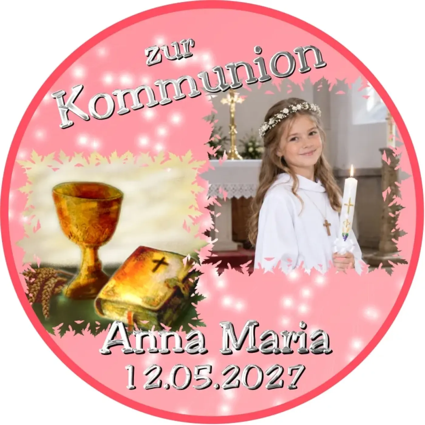Fototortenaufleger für Kommunion, Konfirmation, Firmung und Jugendweihe mit Kelch und Bibel