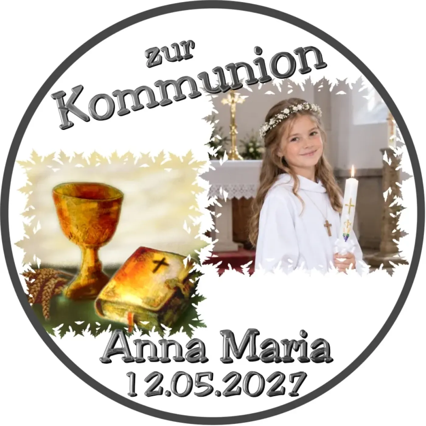 Fototortenaufleger für Kommunion, Konfirmation, Firmung und Jugendweihe mit Kelch und Bibel