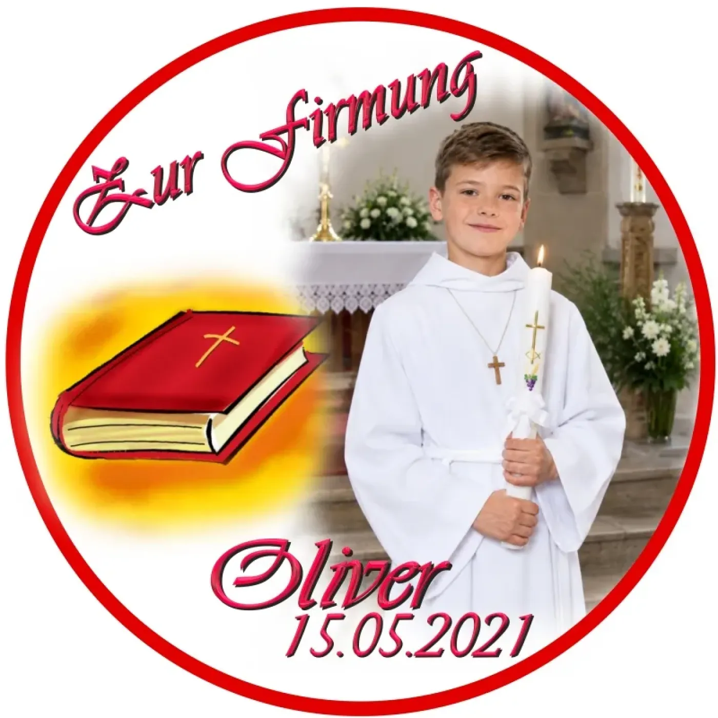 Personalisierter Fototortenaufleger für Kommunion, Konfirmation, Firmung und Jugendweihe mit roter Bibel