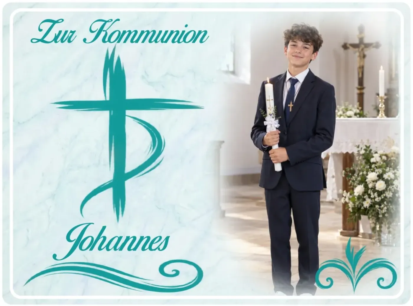 Personalisierter Tortenaufleger zu Kommunion & Konfirmation – Stilvolles Marmor-Design mit Kreuz