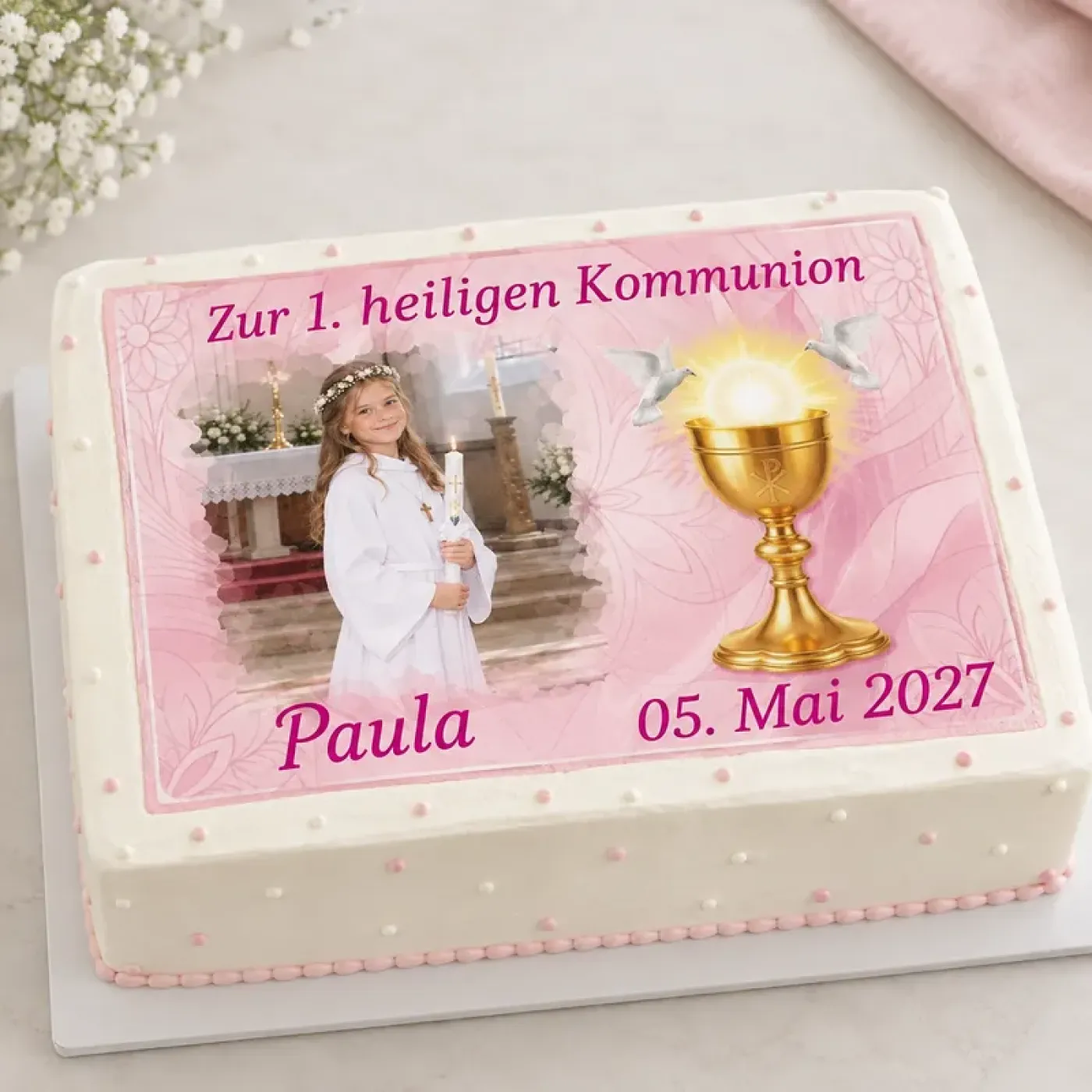 Personalisierter Tortenaufleger zur Erstkommunion – Goldener Kelch und Friedenstauben mit Wunschfoto