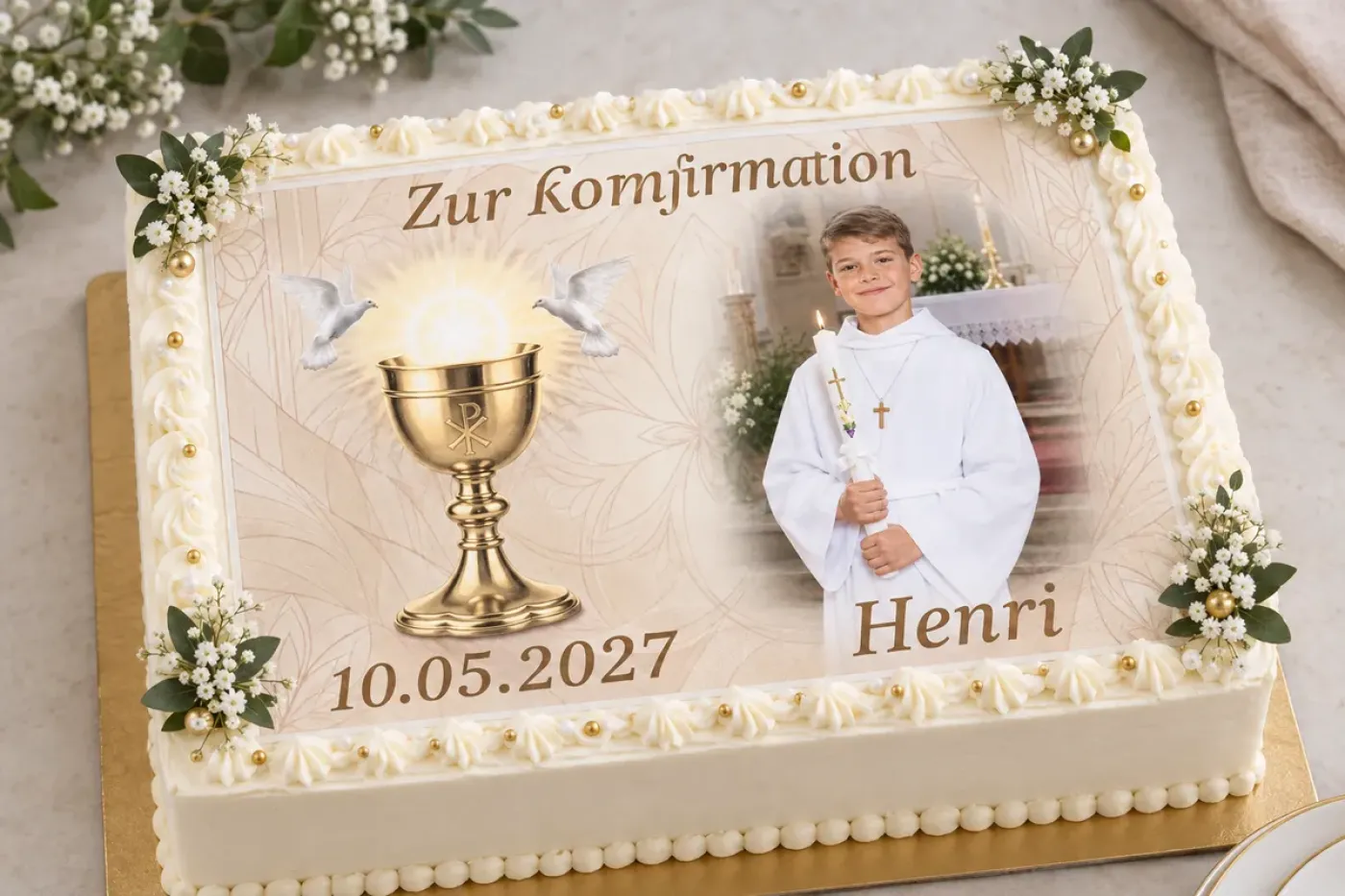 Personalisierter Tortenaufleger zur Konfirmation – Edler Kelch und Friedenstauben im beigen Festtagsdesign
