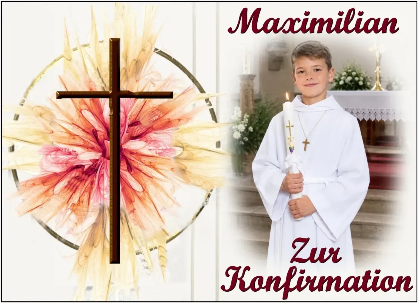 Fototortenaufleger für Kommunion, Konfirmation, Firmung und Jugendweihe mit feurigem Kreuz-Strahlenkranz