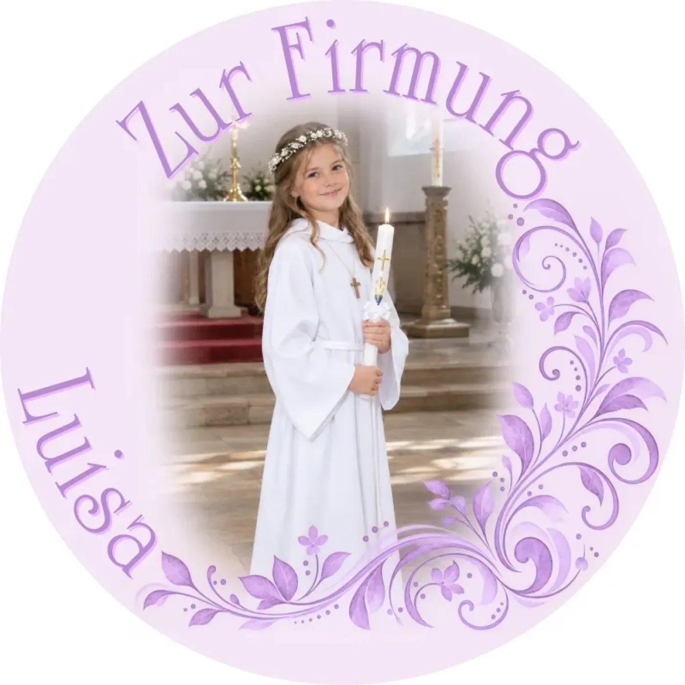 Tortenaufleger zu Kommunion, Konfirmation & Firmung – Elegante Ranken in Flieder und Lila
