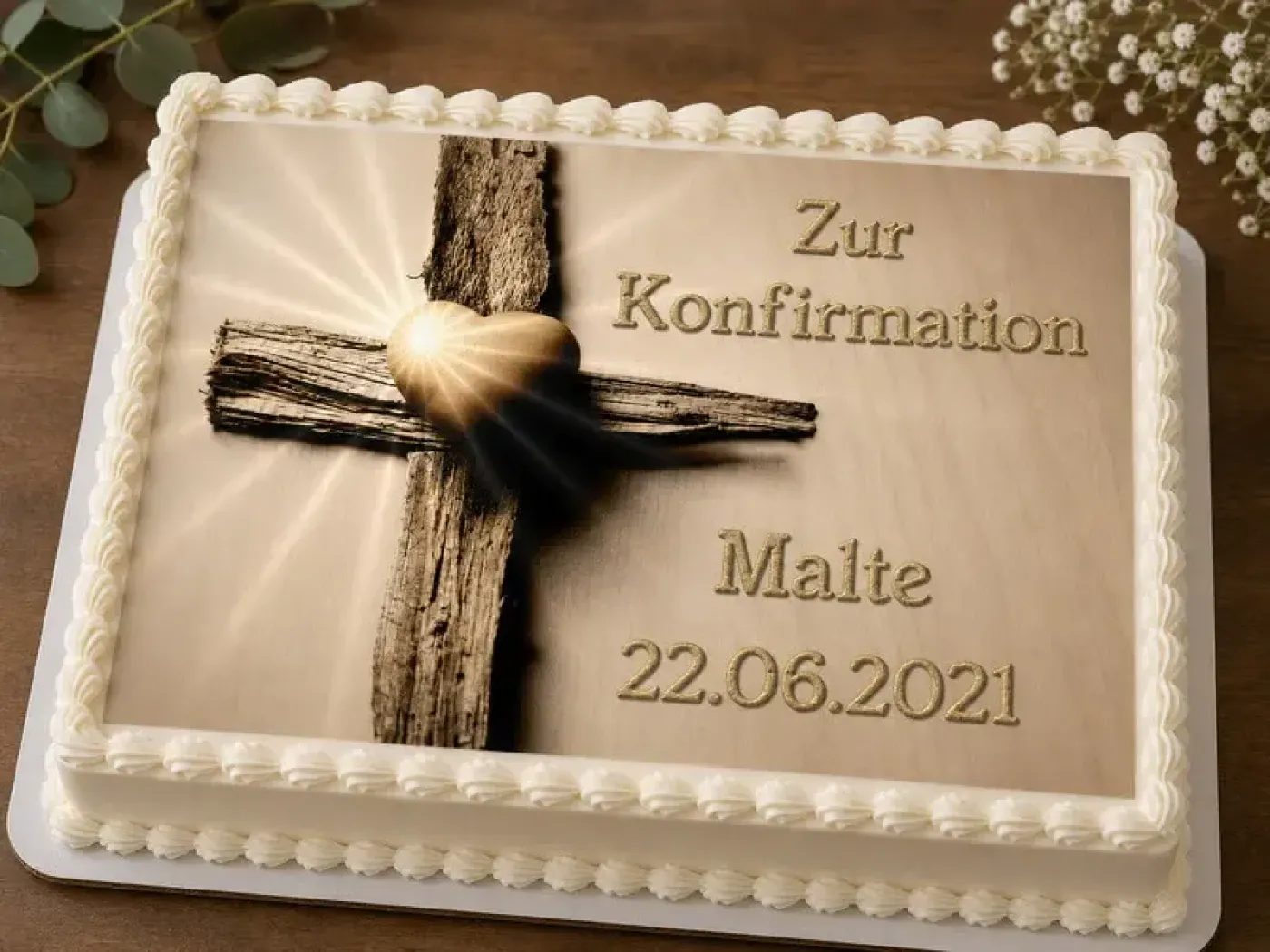 Personalisierter rechteckiger Tortenaufleger für Konfirmation, Kommunion, Firmung und Jugendweihe mit Holzkreuz und goldenem Herz (ohne Foto)