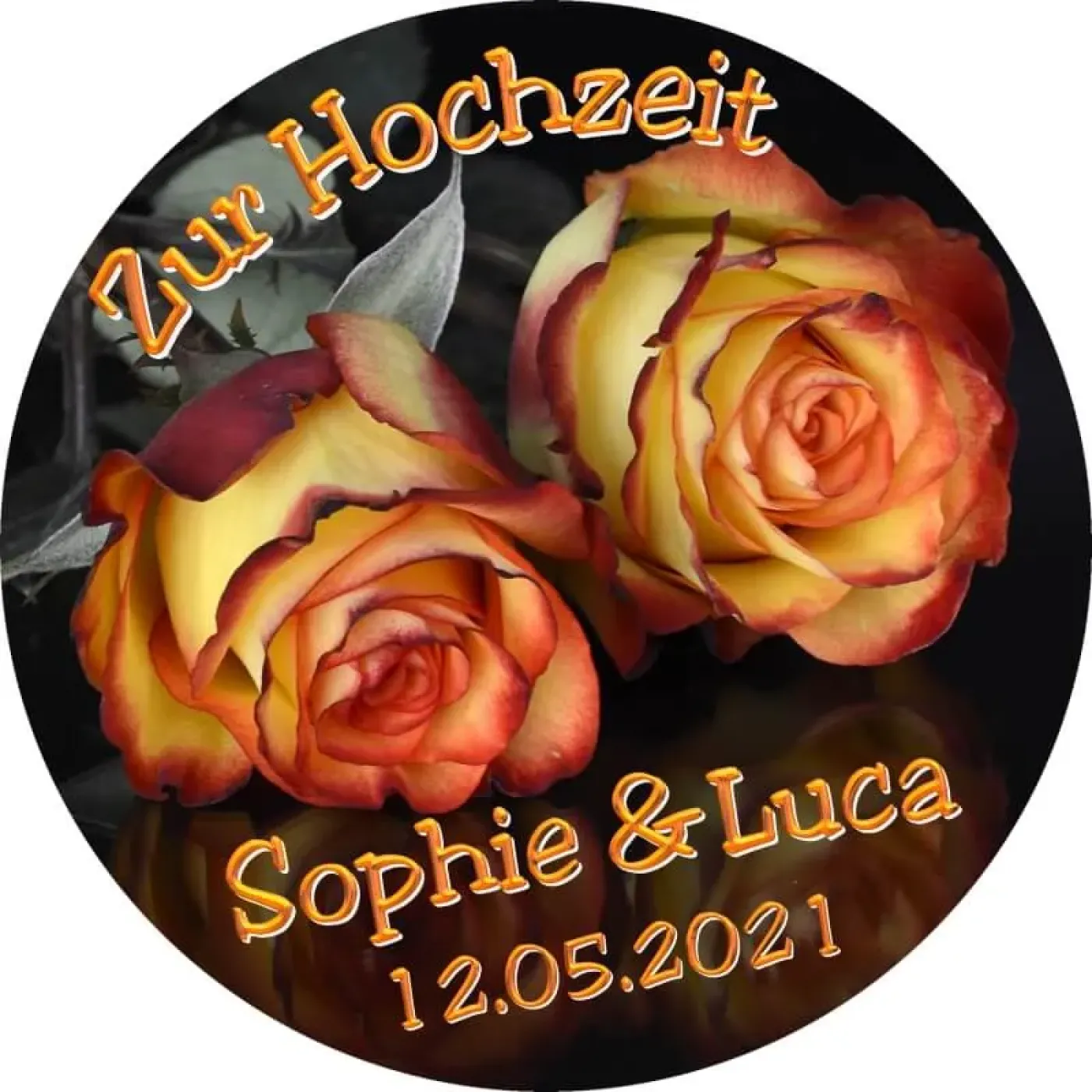 Tortenaufleger Hochzeit rund mit leuchtenden orangenen Rosen