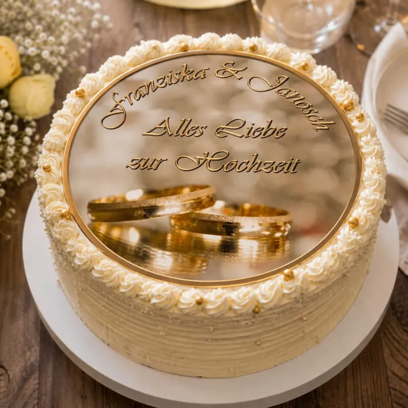 Tortenaufleger Hochzeit rund in Gold-Optik mit Eheringen
