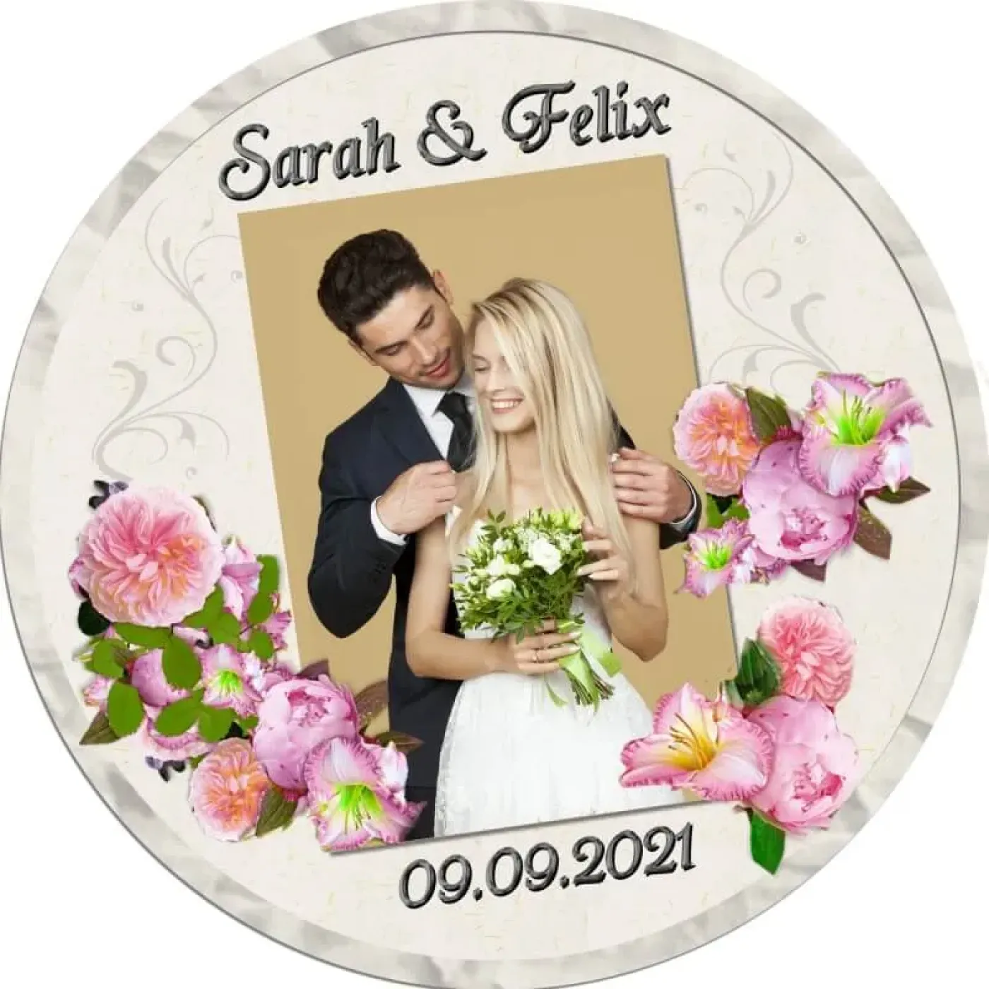 Tortenaufleger Hochzeit mit Foto rund – Hellbeige & rosa Blüten