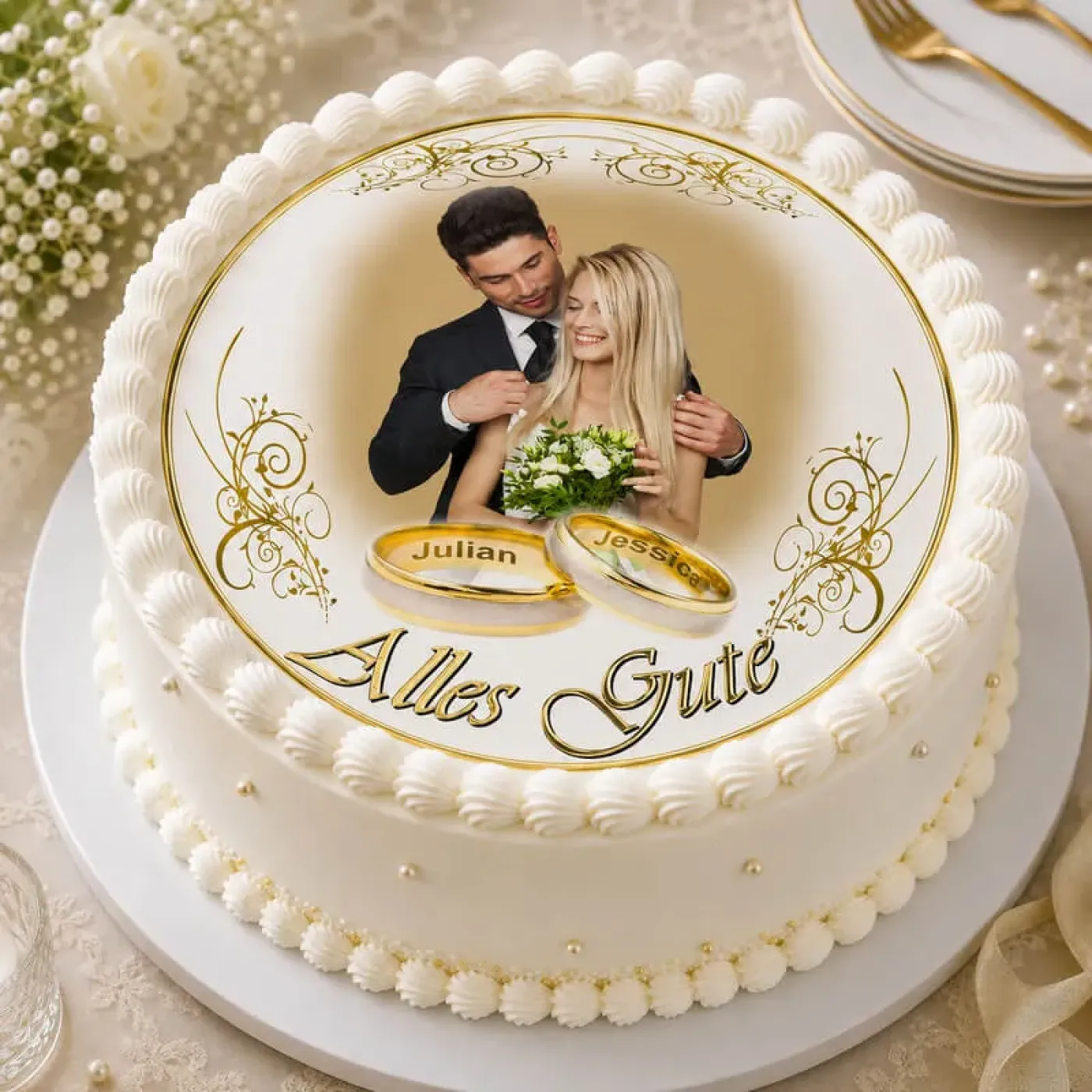 Tortenaufleger Hochzeit rund in Weiß-Gold mit Namen-Gravur in Ringen