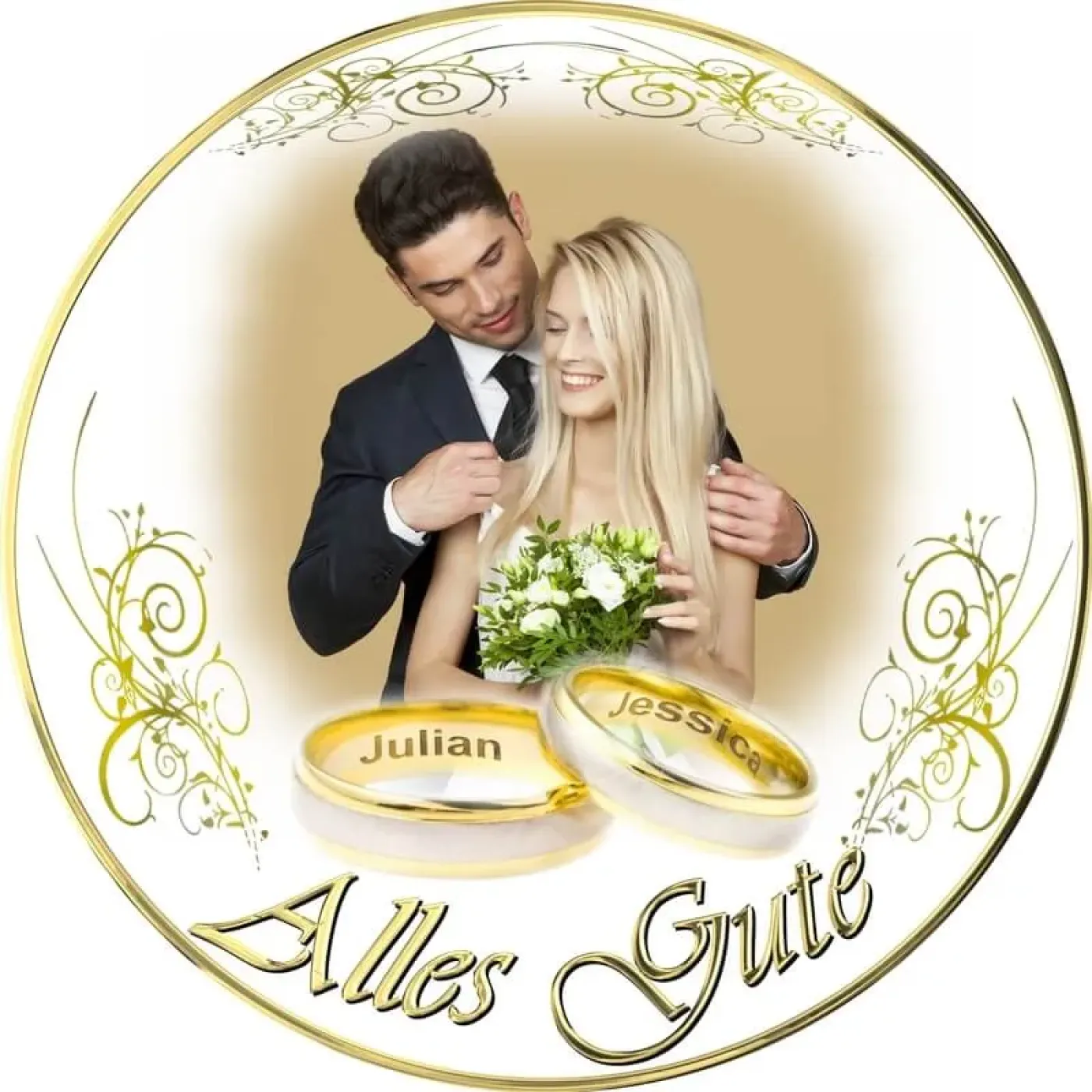 Tortenaufleger Hochzeit rund in Weiß-Gold mit Namen-Gravur in Ringen