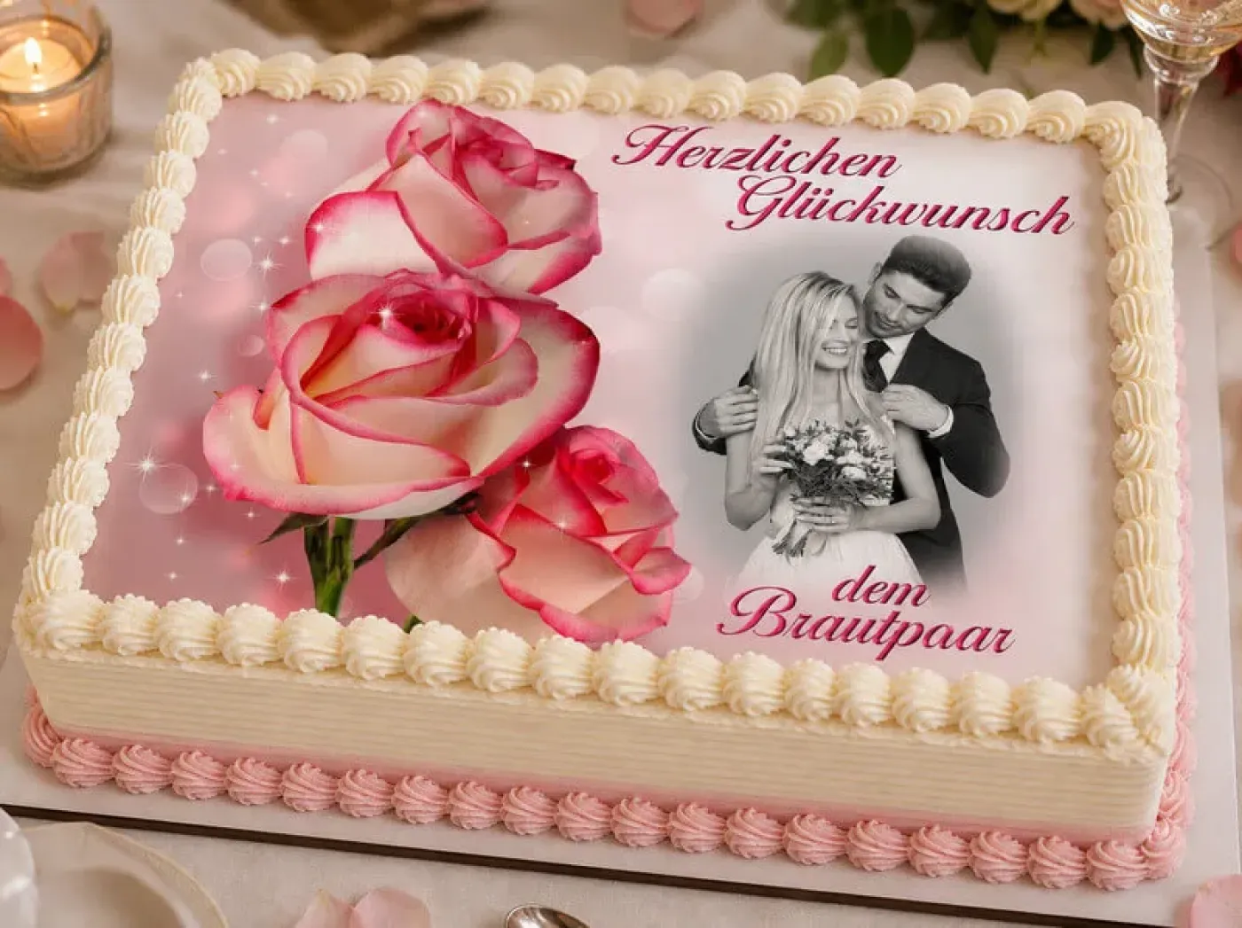 Tortenaufleger Hochzeit rechteckig – 3 Rosen in Vanille-Rosa