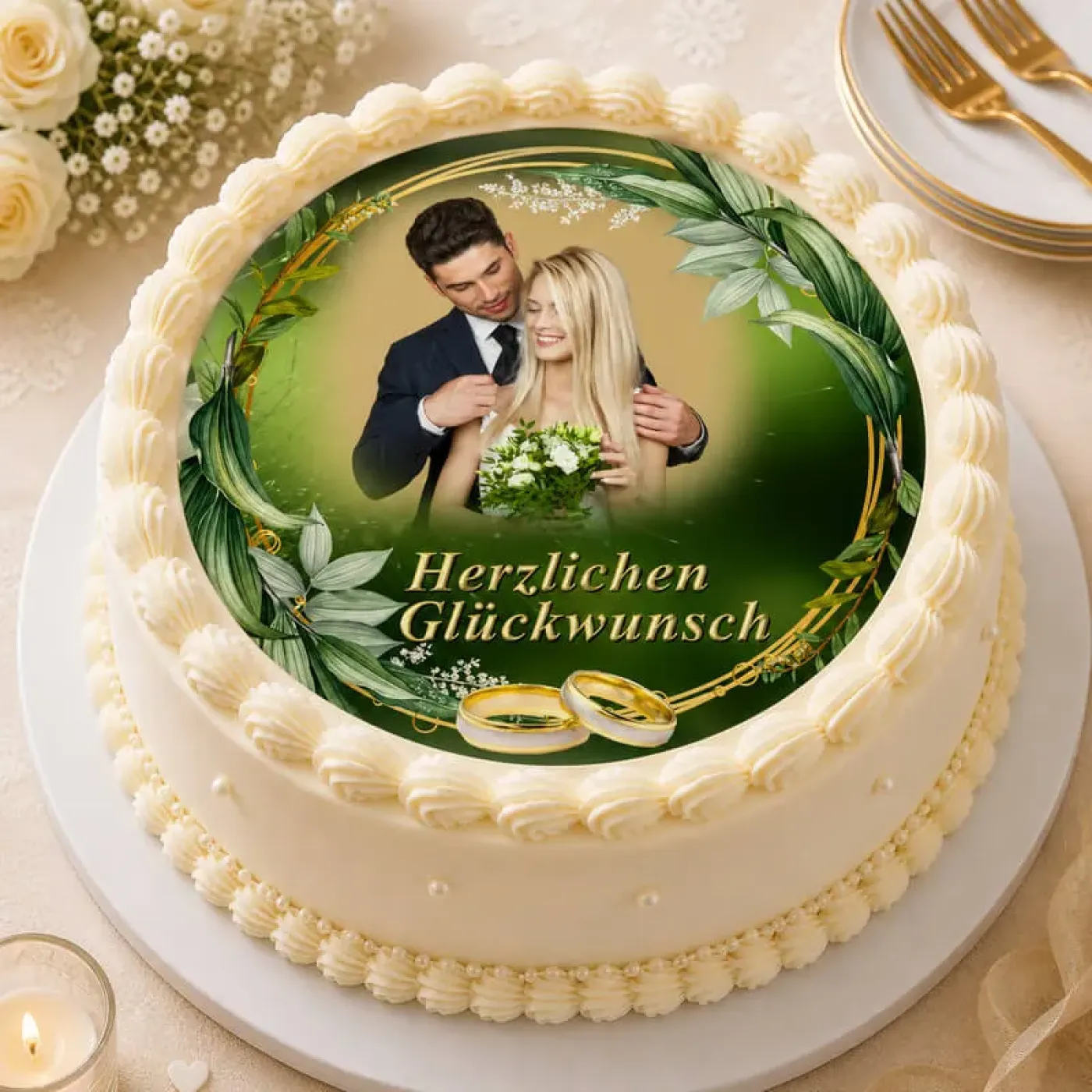 Tortenaufleger Hochzeit mit Foto rund – Grün-Floral mit Gold-Schrift