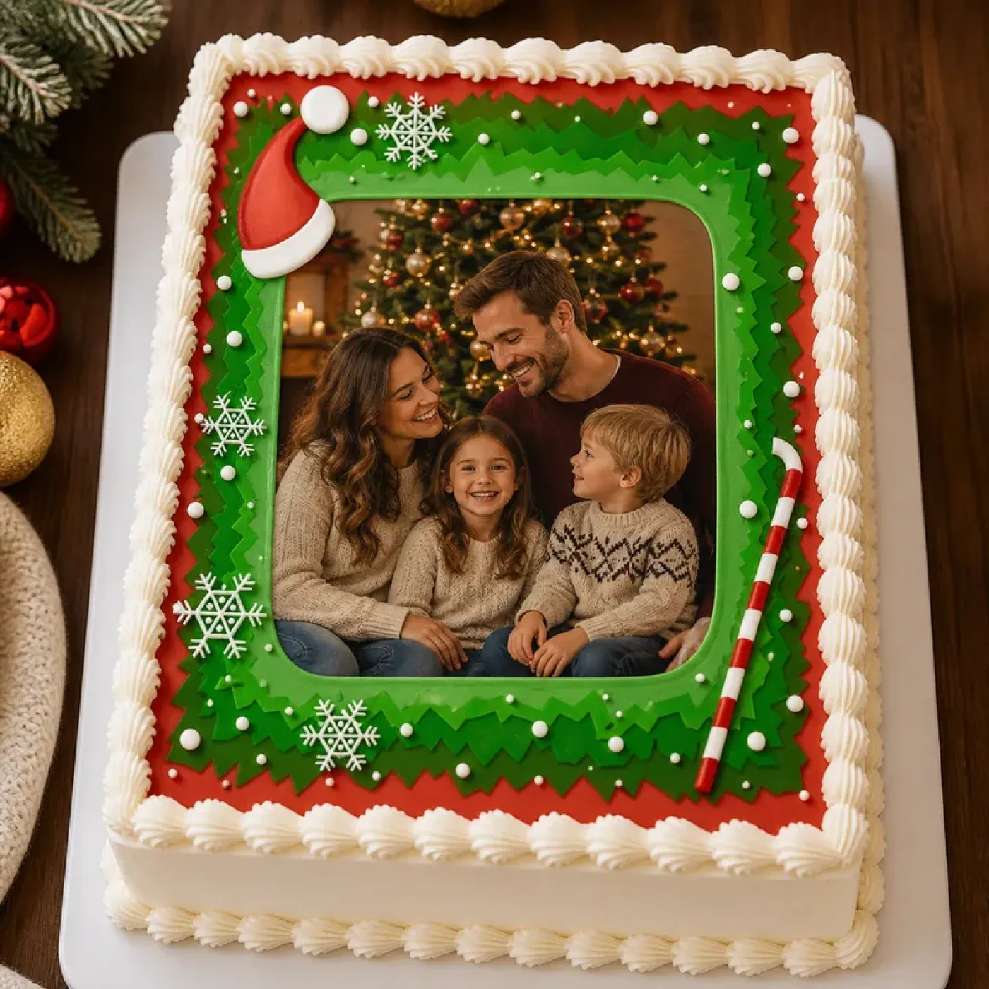 Essbarer Foto-Tortenaufleger zu Weihnachten mit Nikolausmütze & Zuckerstange