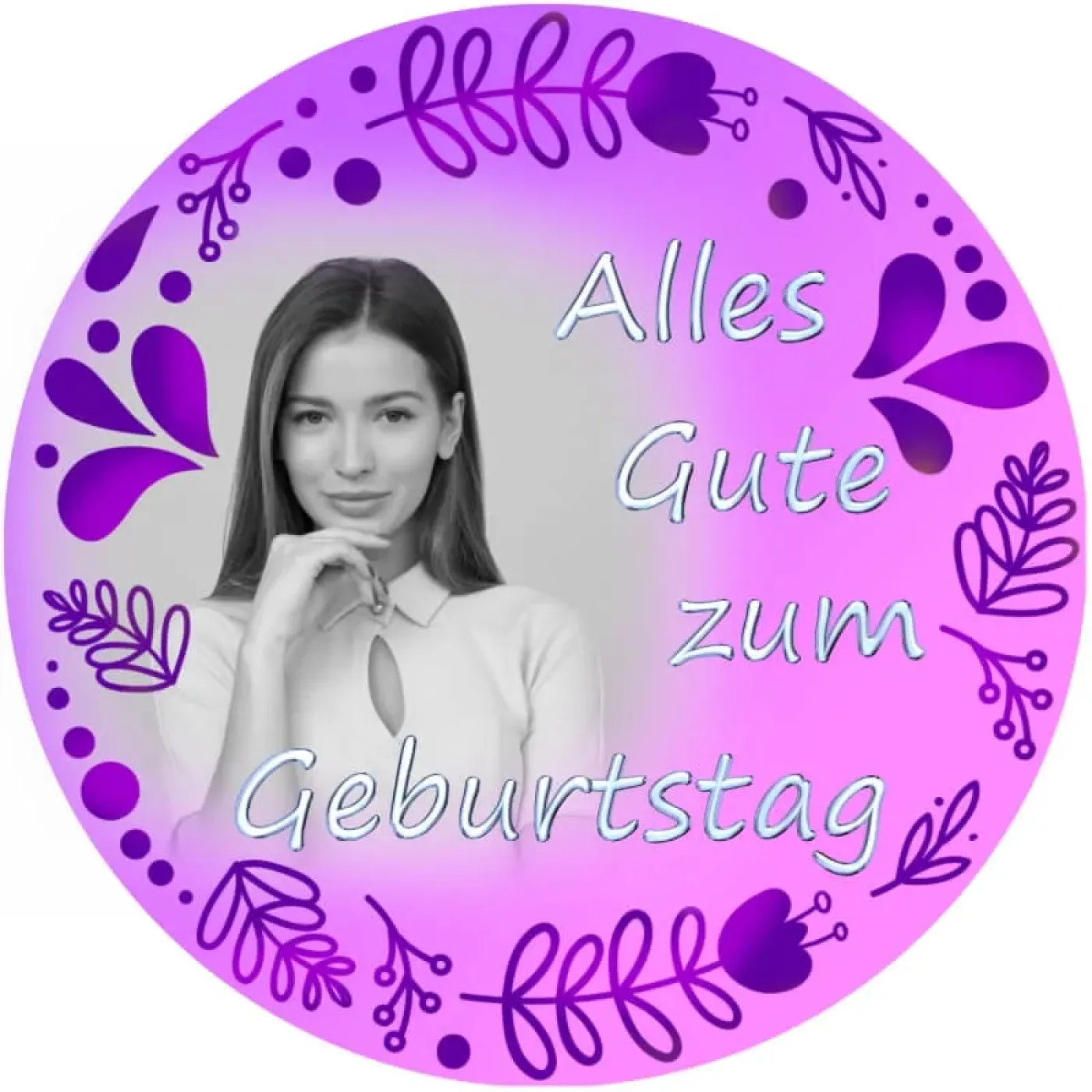 Runder Foto-Tortenaufleger Geburtstag mit floralem Blätterkranz (8 Farben)