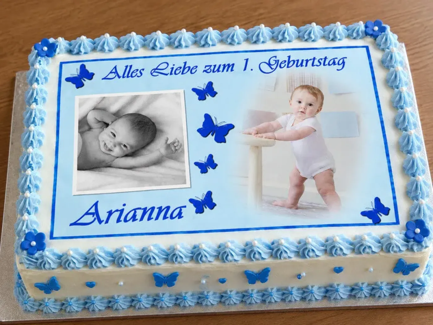 Personalisierter Tortenaufleger zum Geburtstag für 2 Fotos & Schmetterlingen (Rosa/Blau)
