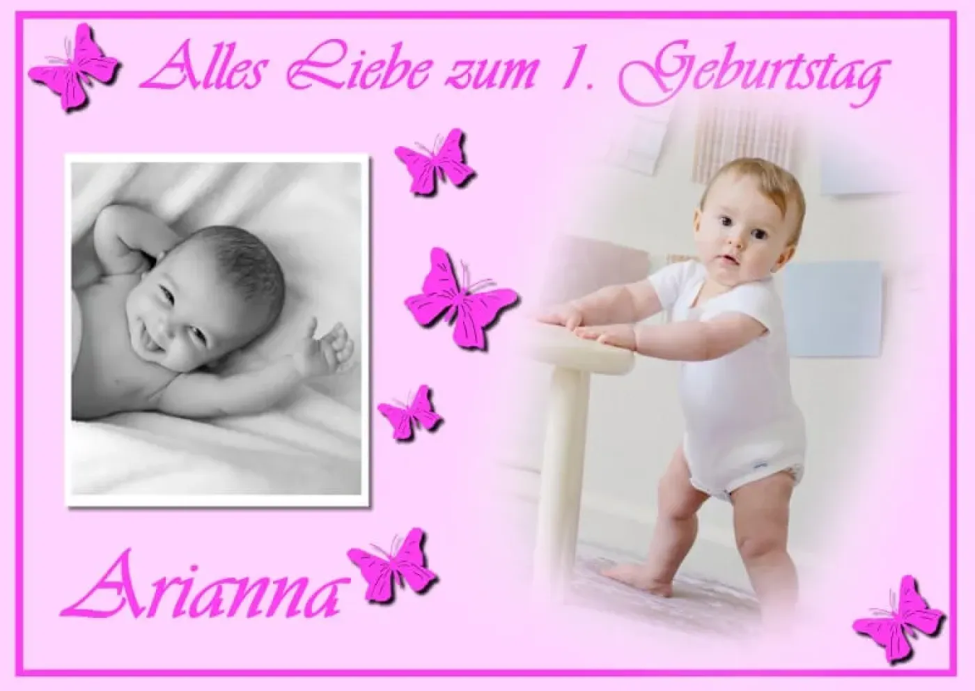 Personalisierter Tortenaufleger zum Geburtstag für 2 Fotos & Schmetterlingen (Rosa/Blau)
