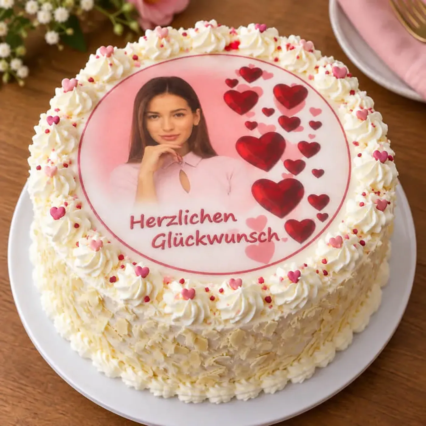 Runder Foto-Tortenaufleger Geburtstag mit roten 3D-Herzen & Konturrand