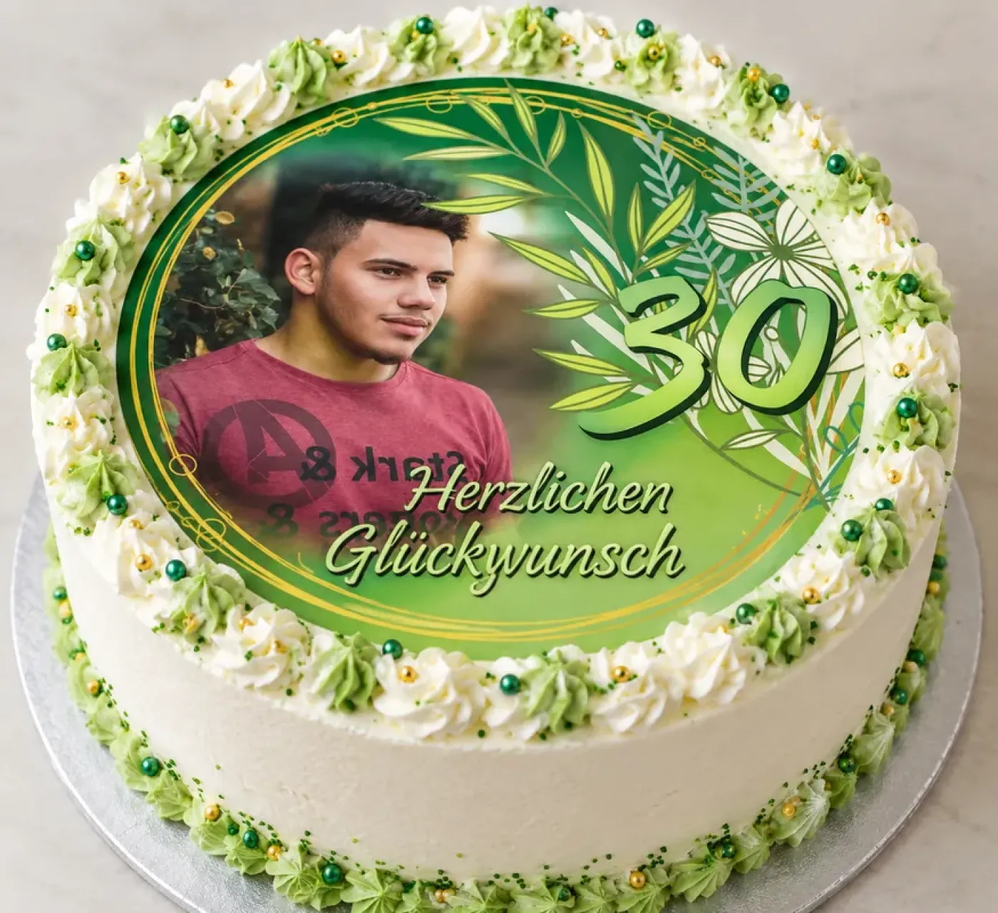 Runder Foto-Tortenaufleger Geburtstag in Grün & Gold mit Blätterzweigen