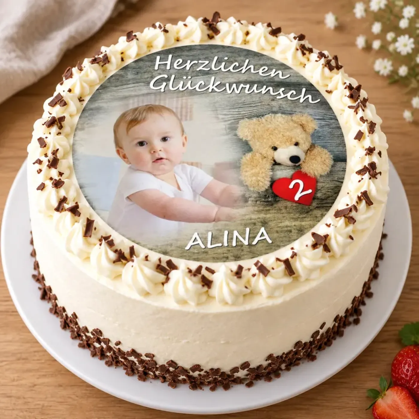 Runder Baby-Tortenaufleger Geburtstag mit Plüsch-Teddybär & Herz-Wunschzahl