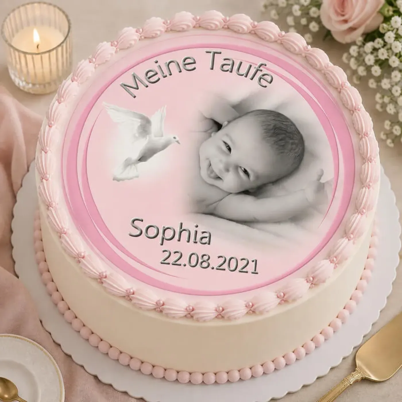 Personalisierter Tortenaufleger zur Taufe oder Geburt mit Taube & Foto-Verlauf (Rosa/Blau)