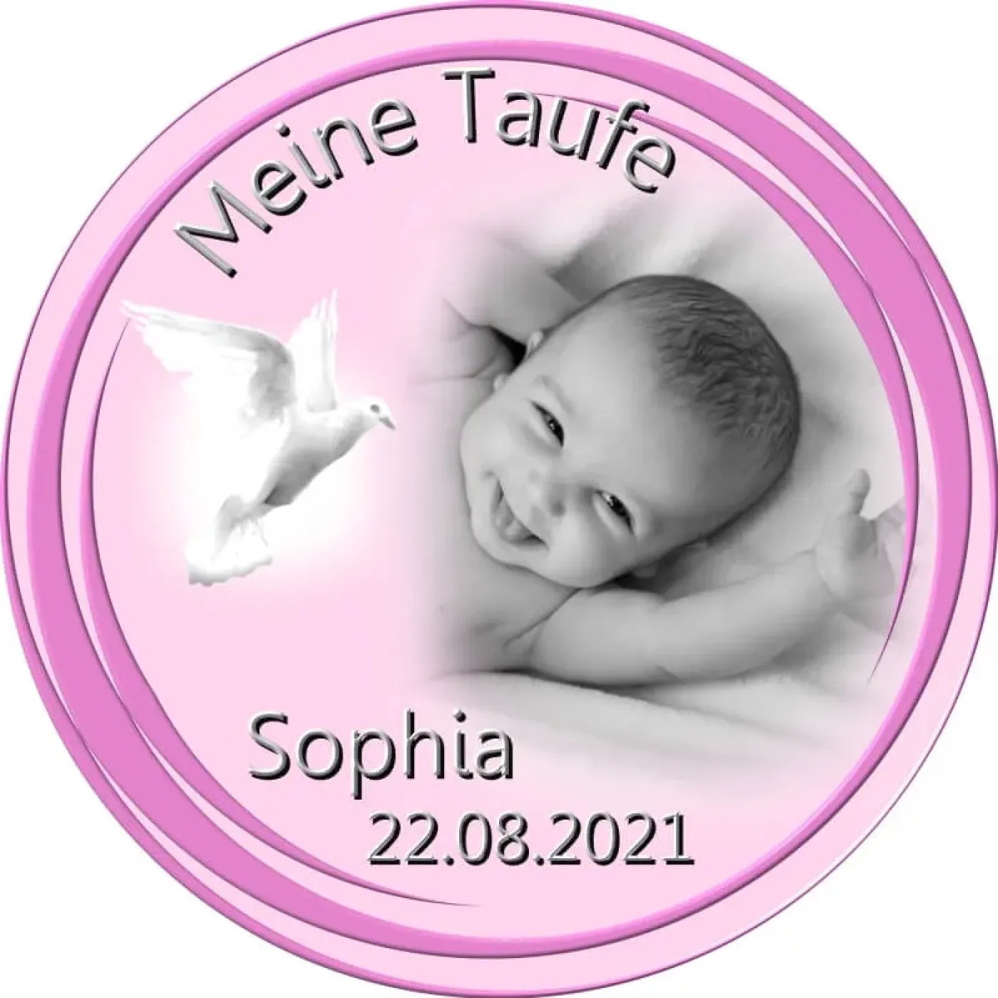 Personalisierter Tortenaufleger zur Taufe oder Geburt mit Taube & Foto-Verlauf (Rosa/Blau)