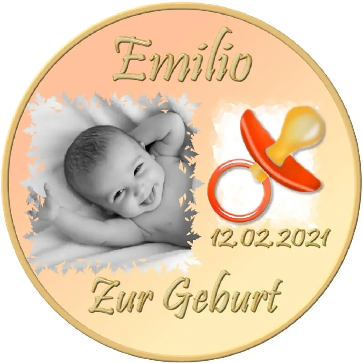 Personalisierter Foto-Tortenaufleger zur Geburt oder Taufe mit Schnuller-Motiv in Orange