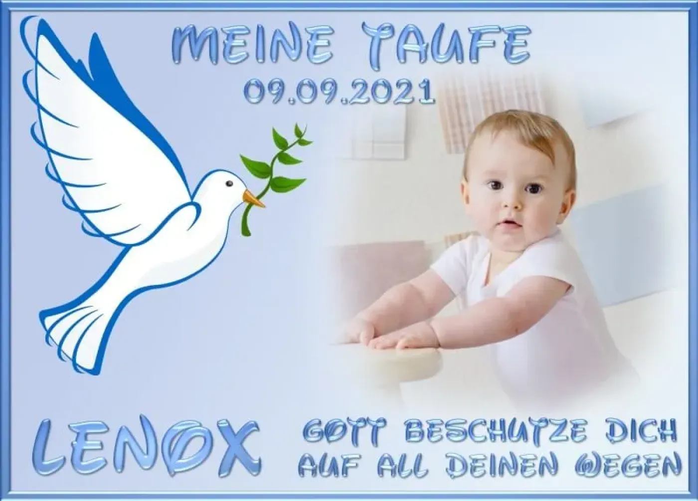 Personalisierter rechteckiger Foto-Tortenaufleger zur Taufe mit Friedenstaube & Taufspruch (Blau)