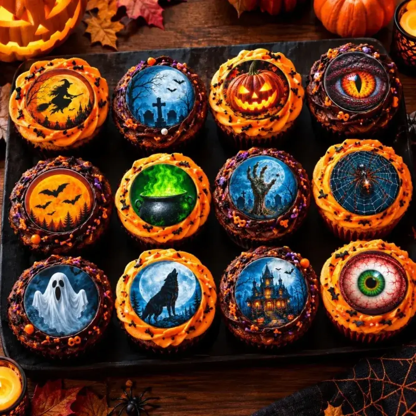 Personalisierte Muffin- und Cupcake-Aufleger im 12er-Set – 12 verschiedene Halloween Grusel-Motive