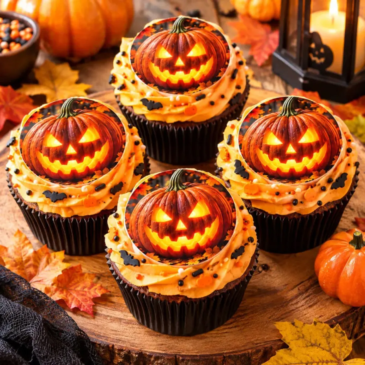 12 Stück Muffin- und Cupcake-Aufleger – Leuchtendes Halloween Kürbis Motiv