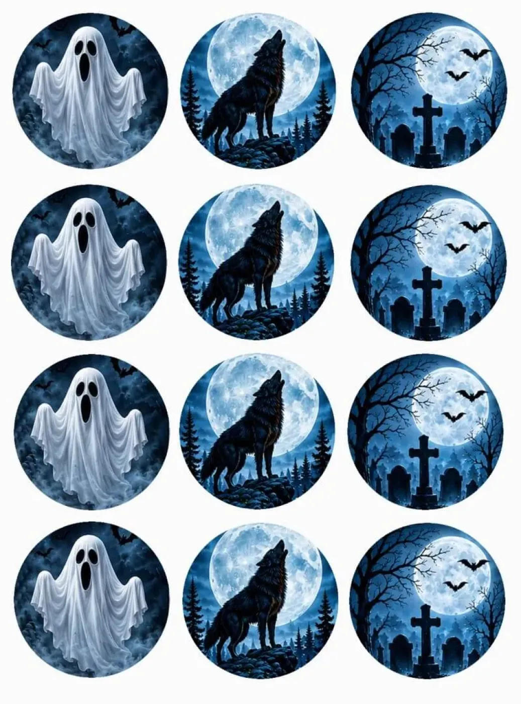 Keks, Cupcake oder Muffin-Aufleger 12er-Set – Halloween Geisternacht mit Wolf, Gespenst und Friedhofsmotiv