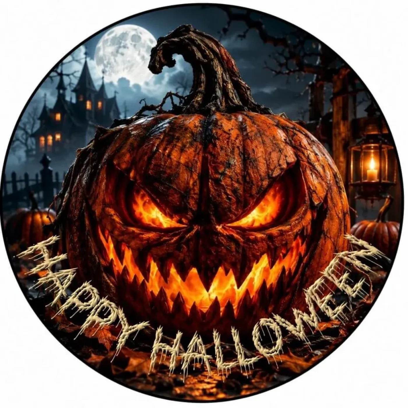 Personalisierter runder Tortenaufleger – Schaurige Halloween-Nacht mit feuriger Kürbisfratze und Spukschloss