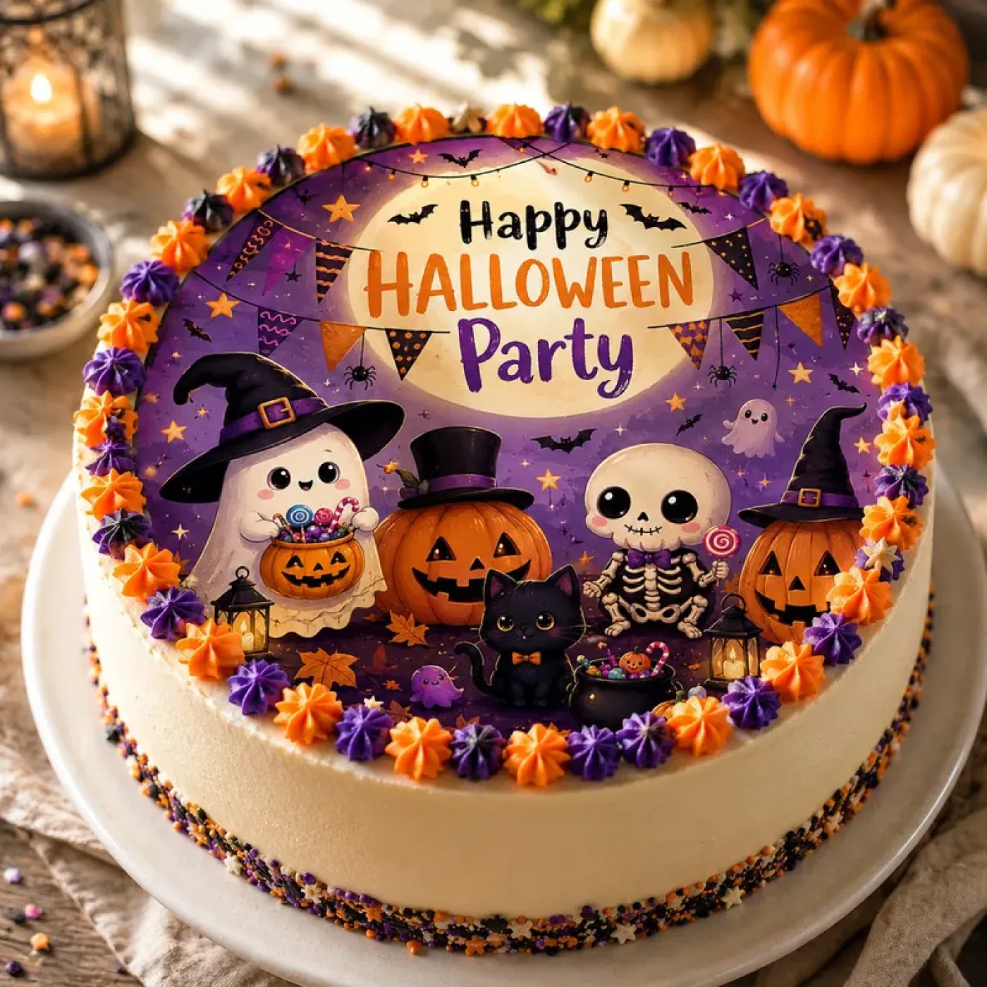 Essbares rundes Tortenbild mit Wunschtext – Farbenfrohe Happy Halloween Party mit Skelett, Geist und süßen Monstern
