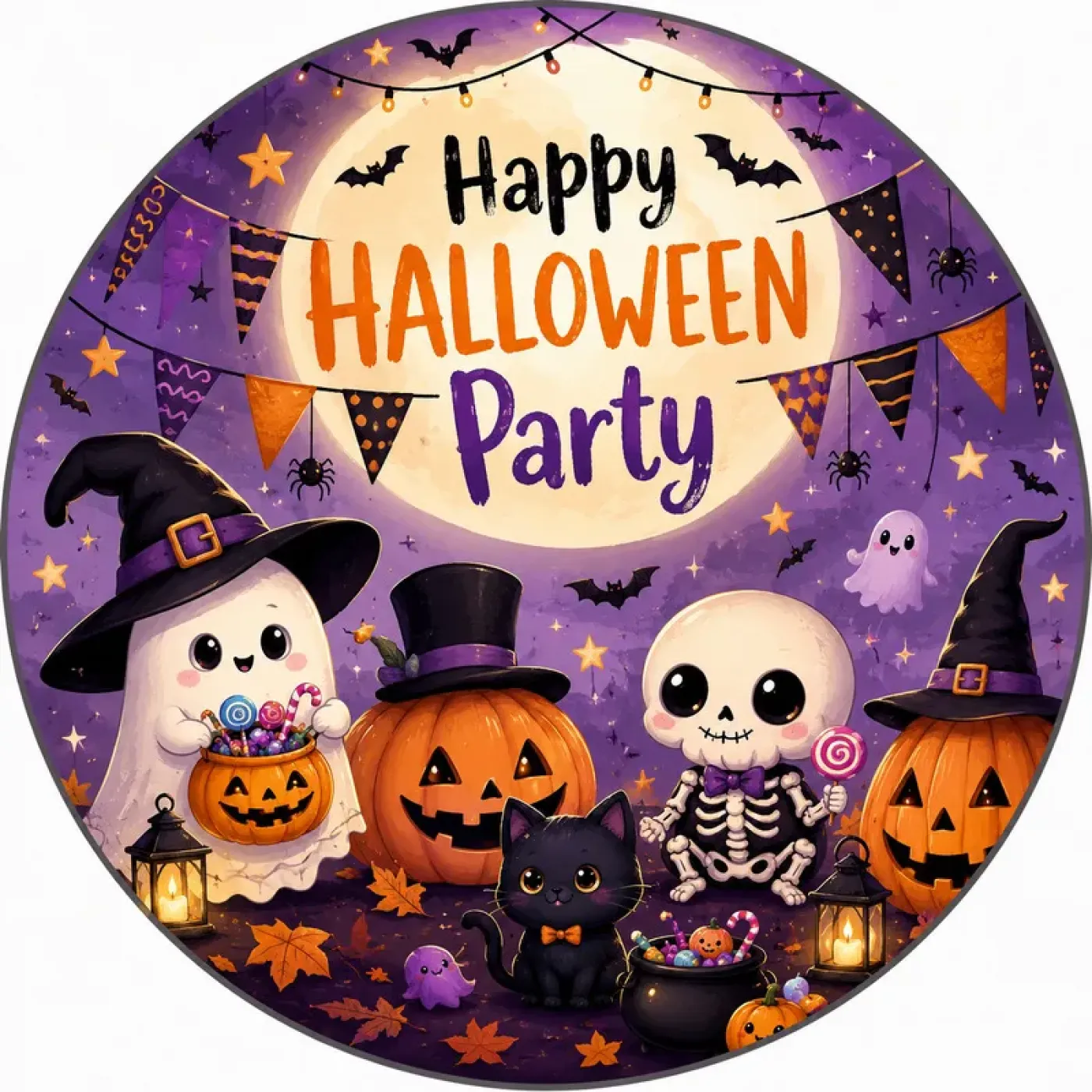 Essbares rundes Tortenbild mit Wunschtext – Farbenfrohe Happy Halloween Party mit Skelett, Geist und süßen Monstern
