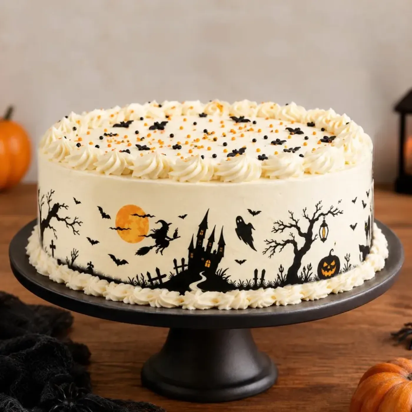 Essbares Tortenband Halloween Silhouette mit Hexe, Gruselschloss & Kürbis, 4er-Set