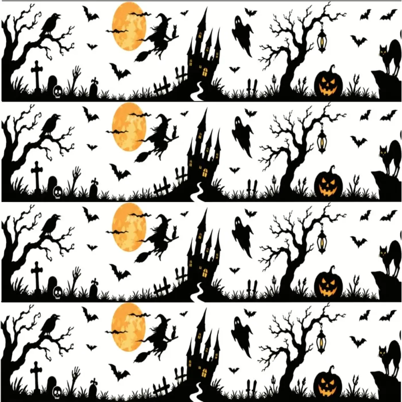 Essbares Tortenband Halloween Silhouette mit Hexe, Gruselschloss & Kürbis, 4er-Set
