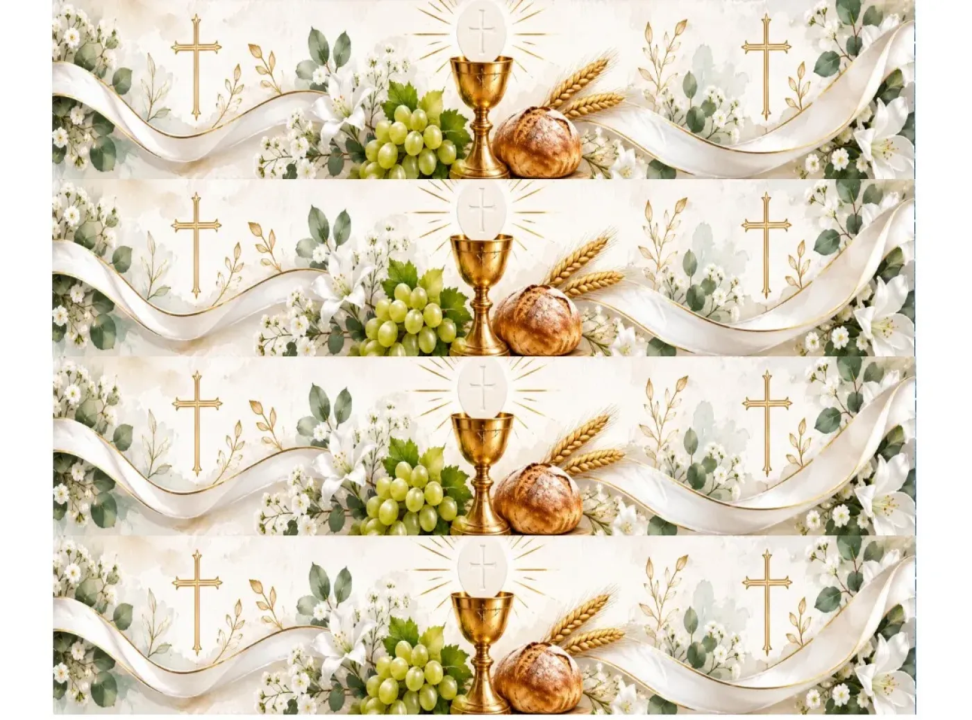 Essbares Tortenband zur Kommunion & Konfirmation mit Kelch, Brot und Weinreben, 4er-Set