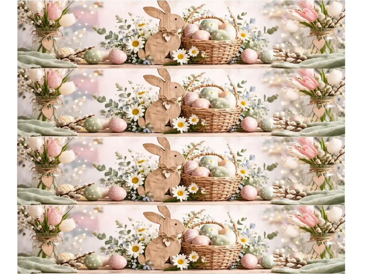Essbares Tortenband zu Ostern mit Hasen-Silhouette in Holzoptik und Weidenkörbchen, 4er-Set