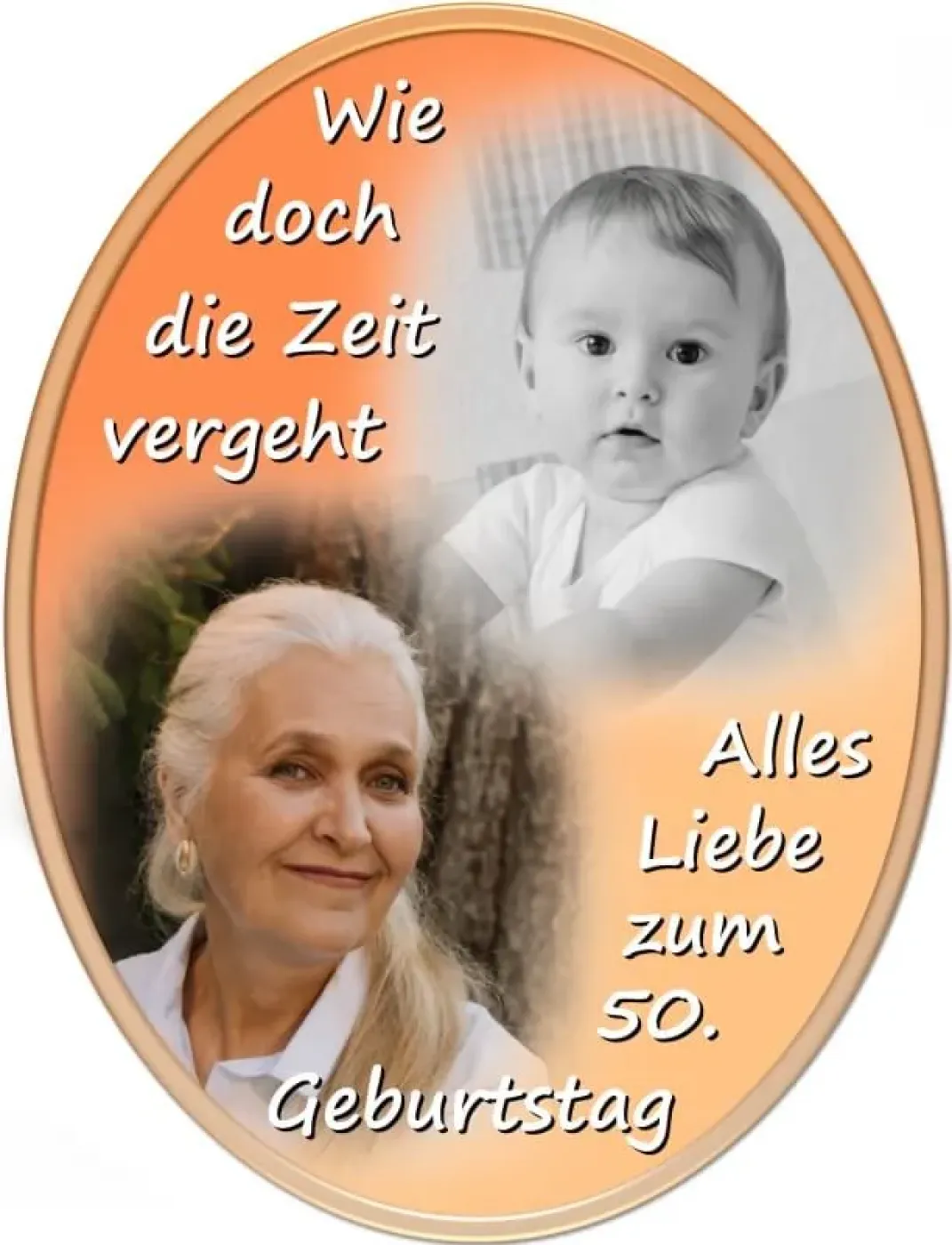 Ovales Tortenfoto als Collage aus 2 Bildern (inkl. Wunschtext)