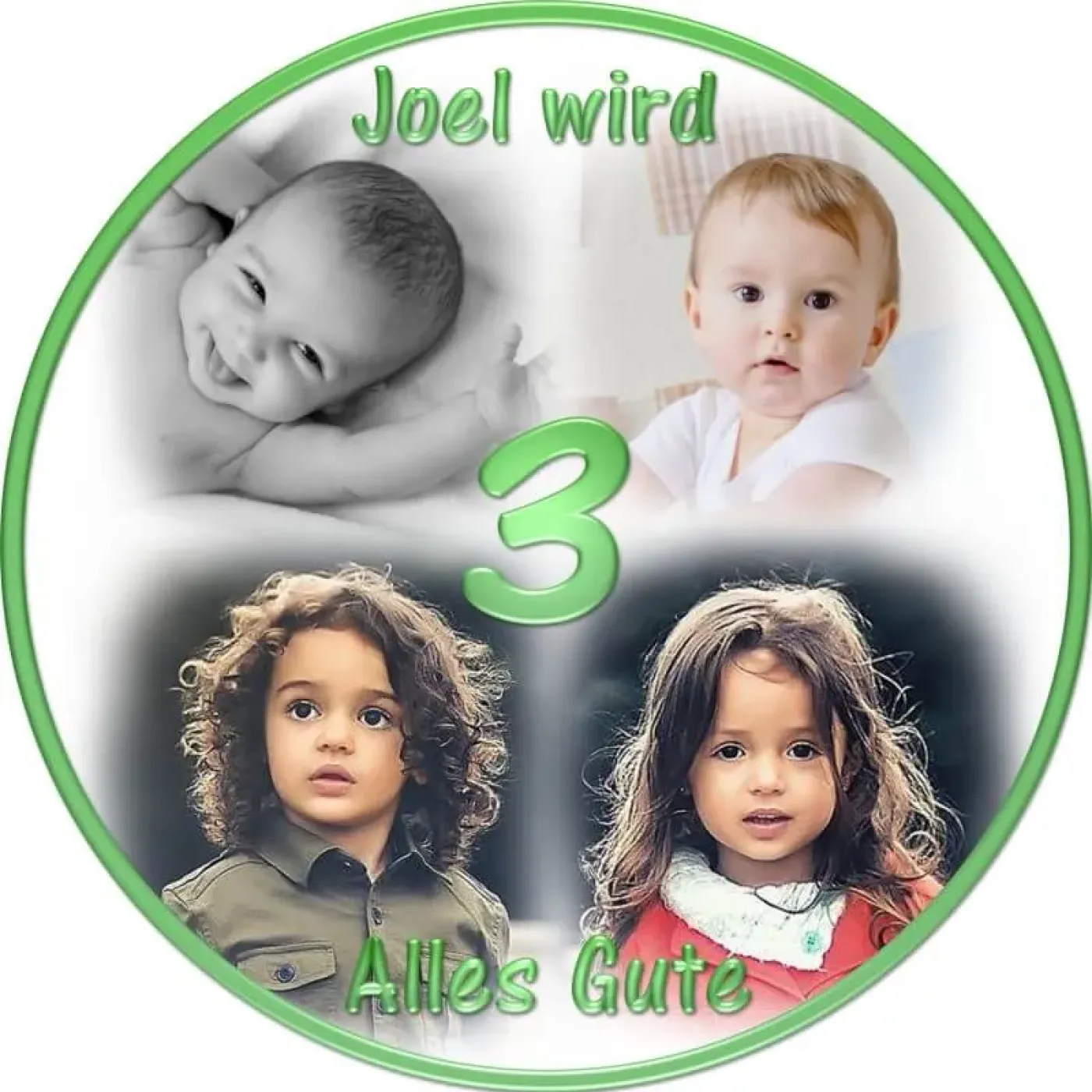 Rundes Tortenfoto als Collage aus 3-5 Bildern (inkl. Wunschtext)